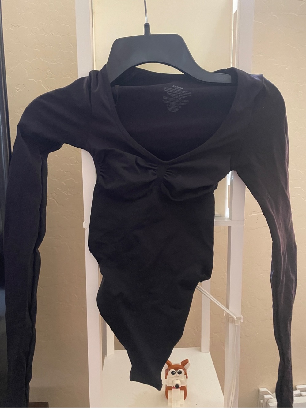 SKIMS Black Long-Sleeve V-Neck Bodysuit with Front Gather